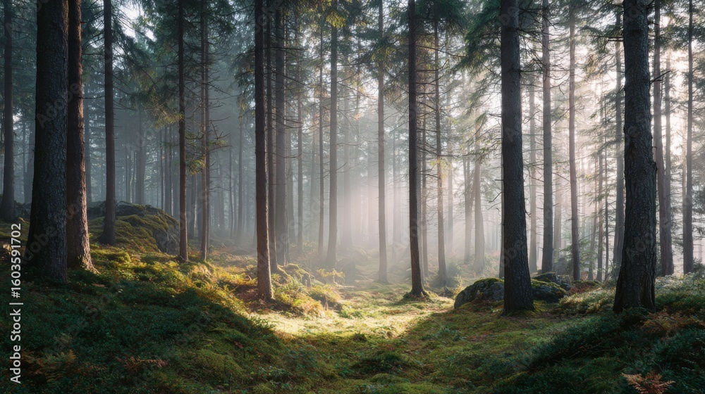 Naklejka premium Serene Misty Forest Scene with Tall Trees and Sunlight Filtering Through Green Underbrush