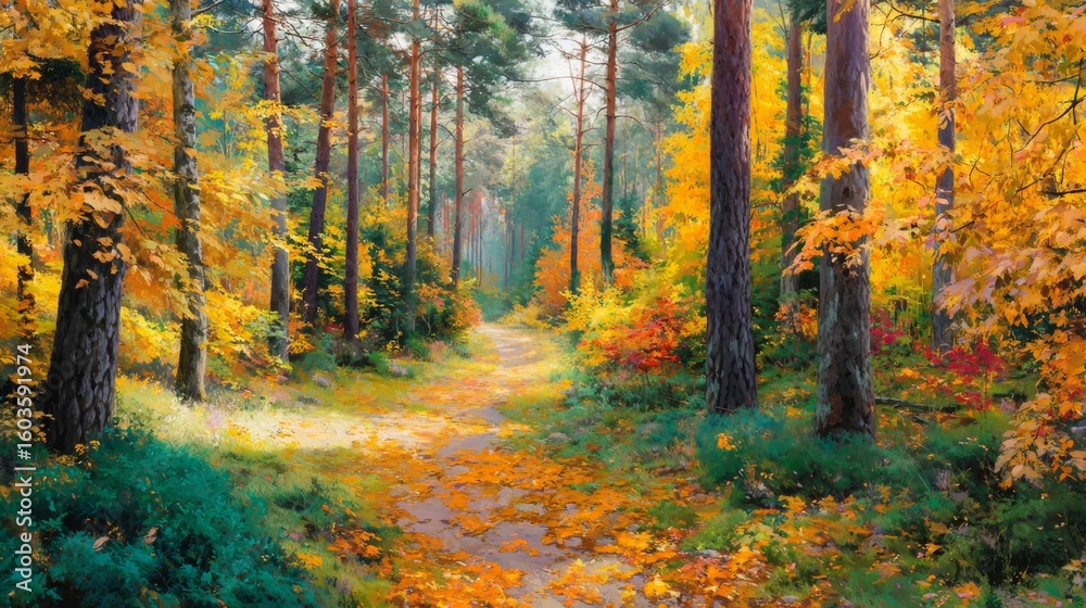 Obraz premium Serene Autumn Pathway Through Vibrant Forest with Golden Leaves Under Bright Sunlight in Tranquil Nature Scene