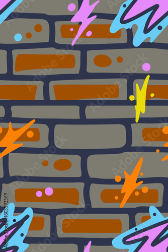 Graffiti brick wall with abstract shapes colorful