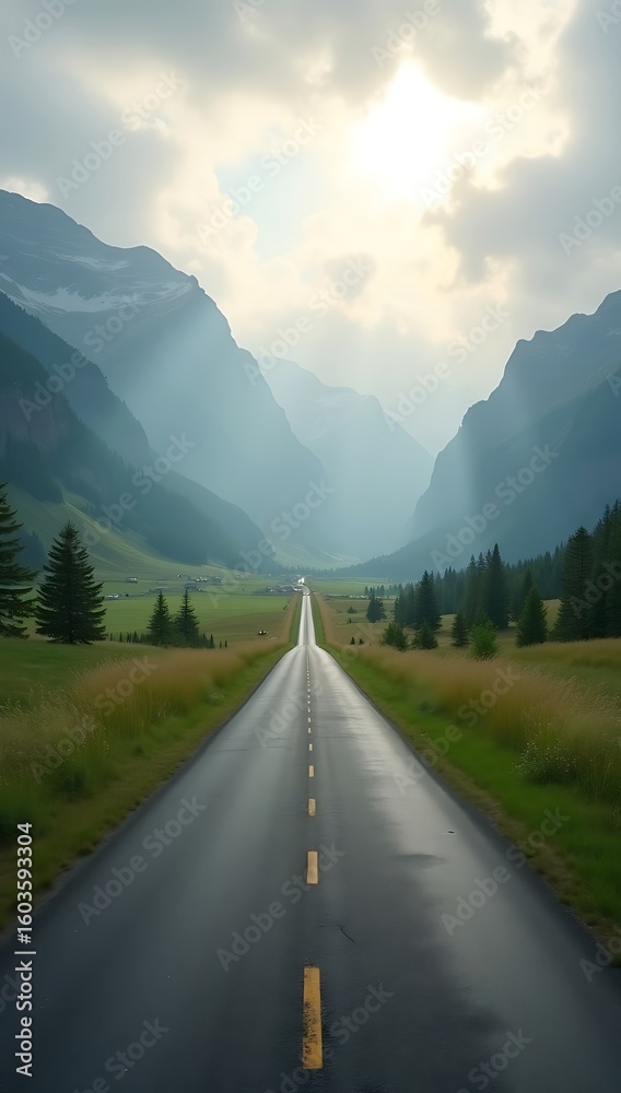 Naklejka premium Perfectly straight asphalt road running through a green valley flanked by tall grass, leading toward mist-covered mountain ridges under a cloudy sky.