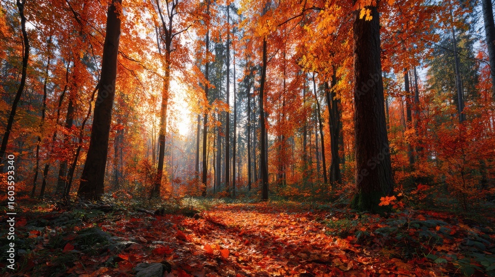 Obraz premium Vibrant Autumn Forest with Bright Orange Leaves and Sunlight Filtering Through Tall Trees in a Serene Nature Scene