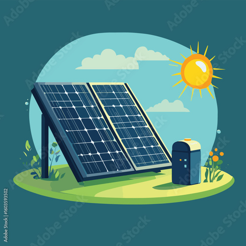 Sustainable energy concept with a solar panel charging a battery, powering a green future, vector style simple color