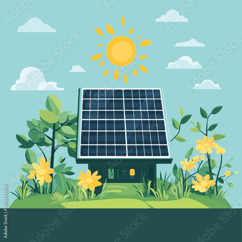 Sustainable energy concept with a solar panel charging a battery, powering a green future, vector style simple color