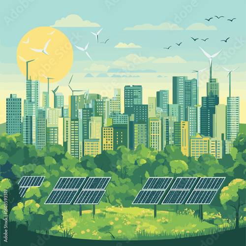 Sustainable urban skyline featuring wind turbines and solar panels powering modern buildings for a green future, vector style simple color