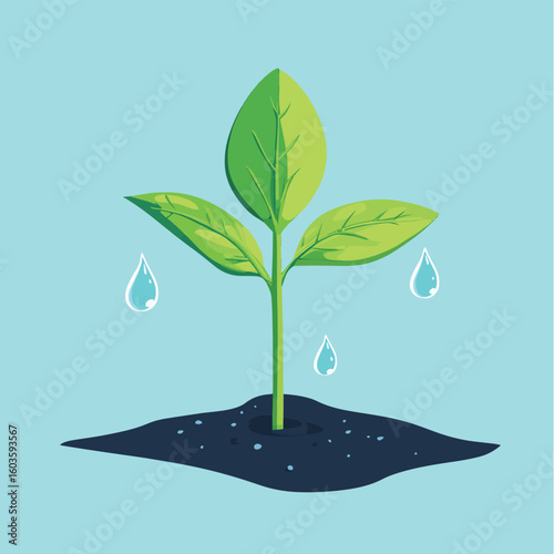 Water drop nurturing a sprout life cycle growth nature ecology sustainability, vector style simple color