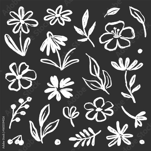 Flower brush hand drawn vector set. Hand drawn doodle flower, floral leaf elements in brush stroke ink style. Simple abstract botanical silhouette set for nature black paint art. Vector illustration