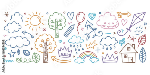 Colorful hand drawn doodle icons of nature weather and symbols on white background drawing