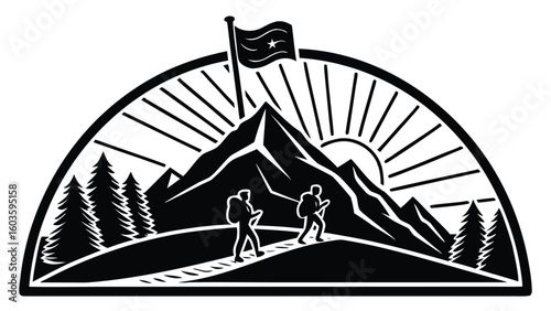 Hikers ascend mountain peak with flag at sunrise hiking