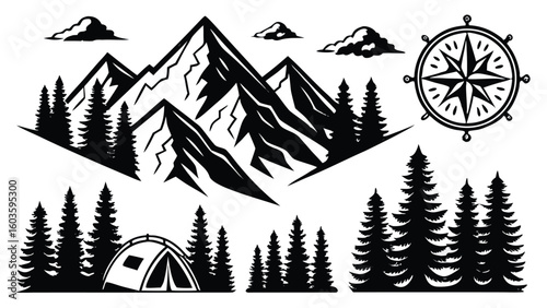 Majestic mountain peaks evergreen forest tent and compass mountains snow caps