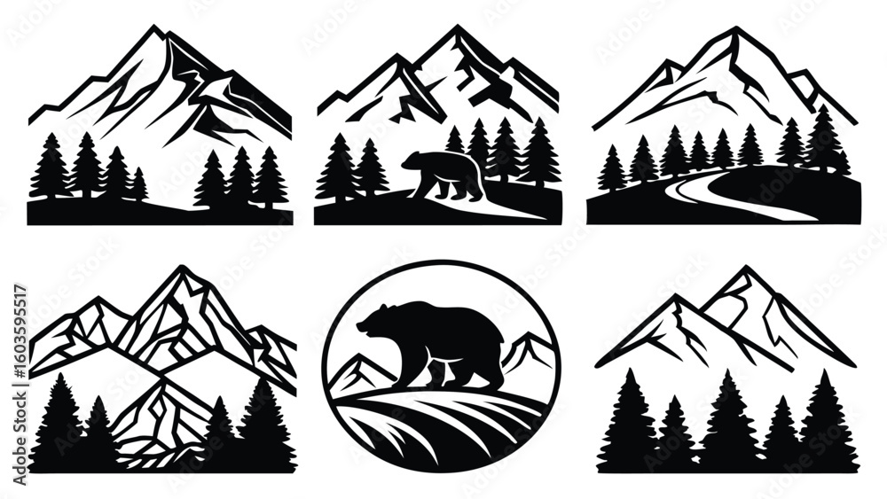 Obraz premium Majestic mountain range with evergreen trees and wildlife silhouettes mountains pine trees