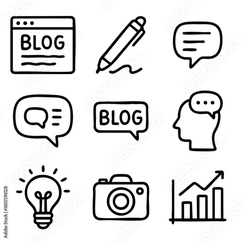 A set of doodle line icons representing blogging, writing, idea sharing, photography, communication, and digital content creation tools