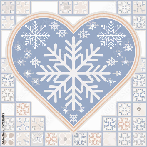 scandi snowflake heart tile in navy and pale blue, cozy nordic folk art pattern, layered svg for winter holiday decor