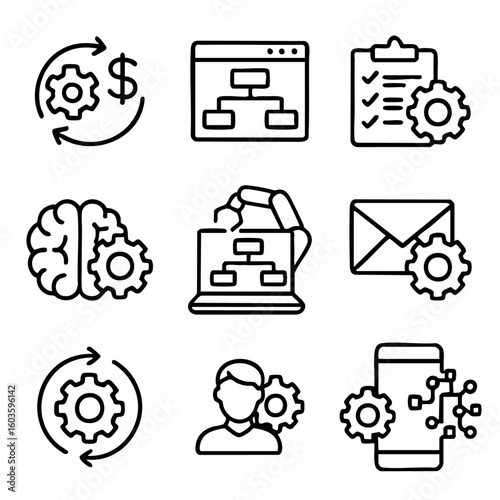 A set of doodle line icons illustrating automation, workflow management, productivity tools, artificial intelligence, and digital process optimization