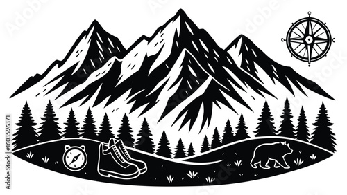 Mountain landscape with trees boots compass and bear snow cap pine trees