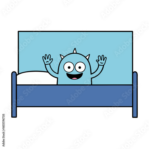 Happy blue monster waking up in bed with a wave