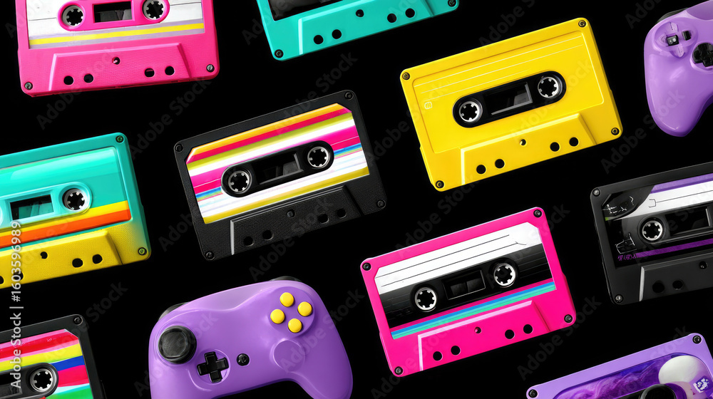 Fototapeta premium Colorful Retro Cassette Tapes and Gamepad on Black Background - Vibrant 80s and 90s Nostalgia