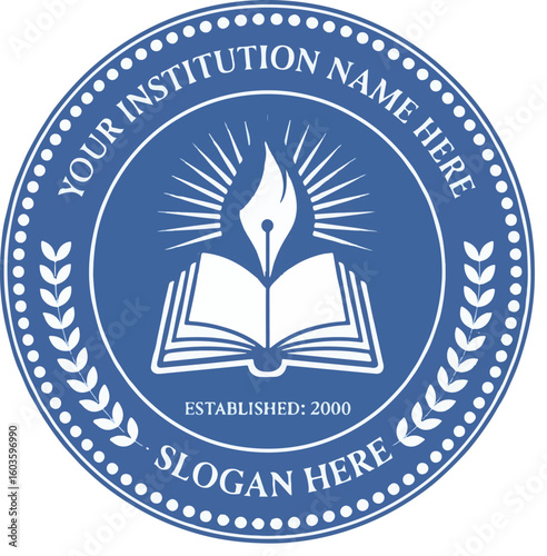 Blue Institution Seal Depicting a Book and Quill Pen Design with Text Around Border and Established Year, Academic Look