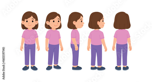Flat Casual Little Cartoon Girl Character Turnaround Sheet – Front, Side, and Back Views in Casual Outfit (Pink Shirt and Purple Pants)