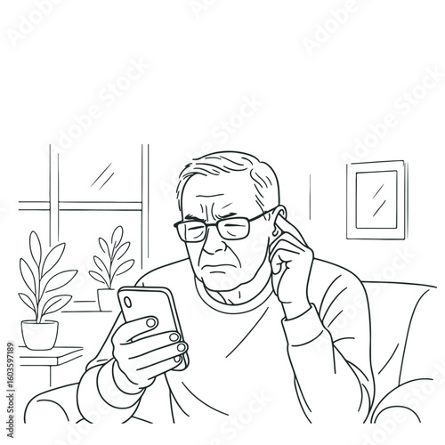 Senior man with glasses struggling to see the phone screen due to vision and hearing problems. 