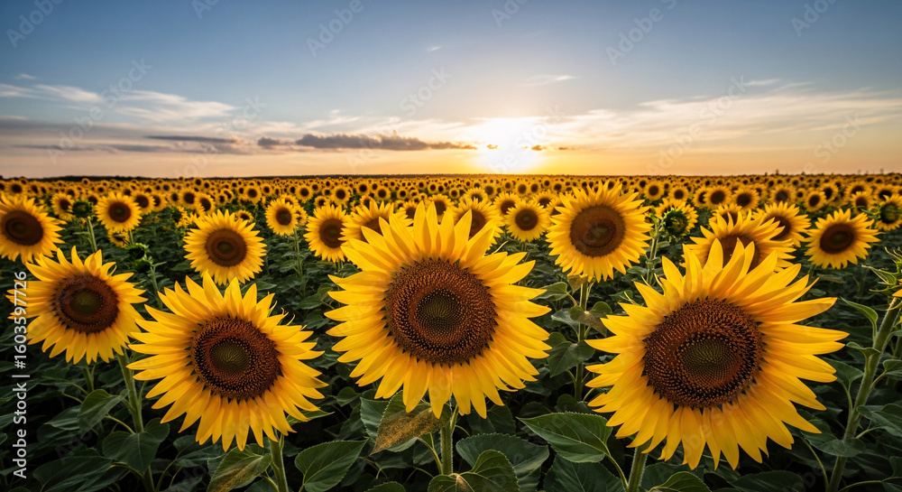 Fototapeta premium Vibrant Sunflower Field at Sunset with Golden Petals and Dark Centers.