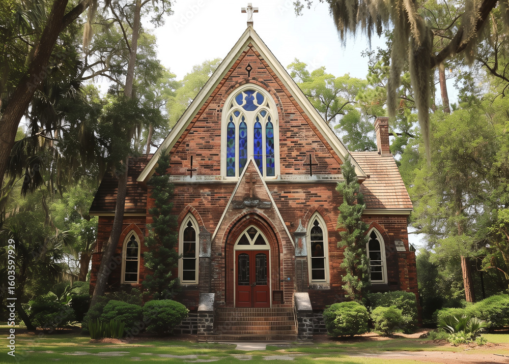 Fototapeta premium Gothic style red brick church surrounded by trees captured from street