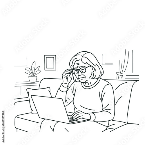 Elderly Woman Using Laptop with Glasses, Senior Woman Online. A senior woman surfing the internet, experiencing vision problems. Adjusting Glasses