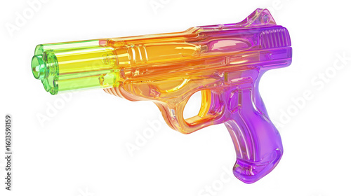 Vibrant rainbow colored translucent toy water gun isolated on transparent background