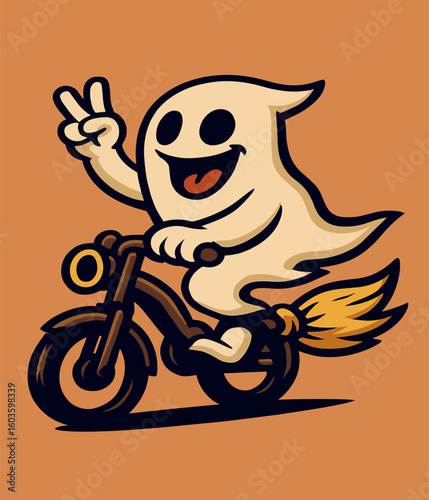 A funky ghost zooms on a broomstick like a motorbike, flashing a peace sign mid-flight—playful and spooky against a plain backdrop.