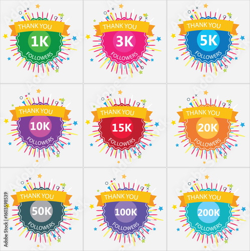 Colorful thank you messages celebrating social media follower milestones with vibrant sticker designs.