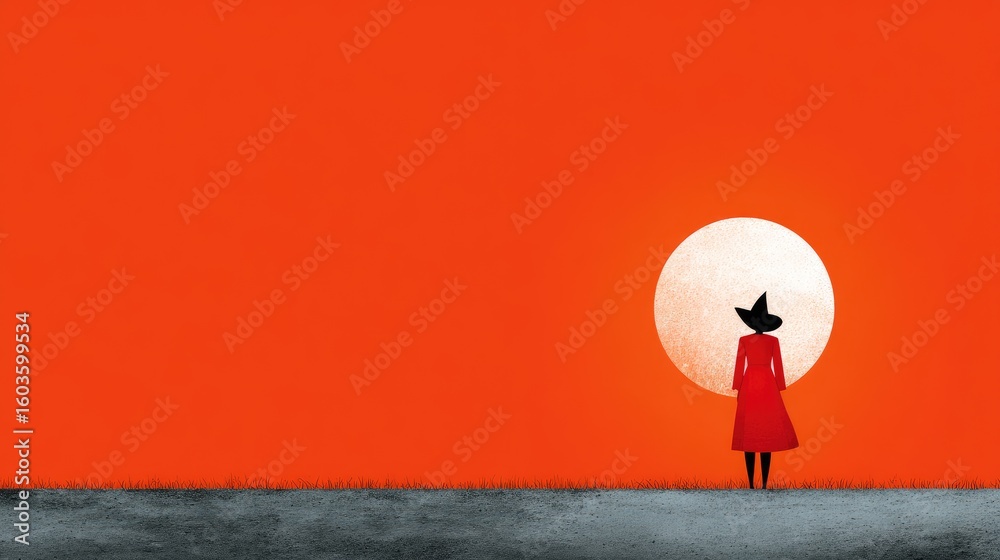 Obraz premium Silhouette of a Woman in Red Dress and Witch Hat Against an Orange Sunset