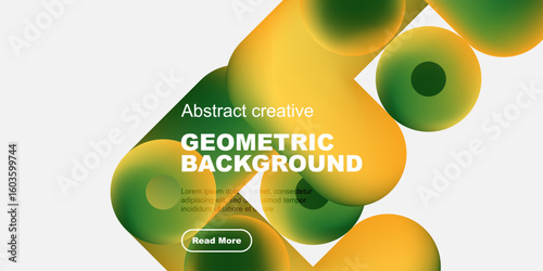 Abstract geometric background features vibrant orange, green hues. Text overlay includes sample content, button. Modern design elements present.