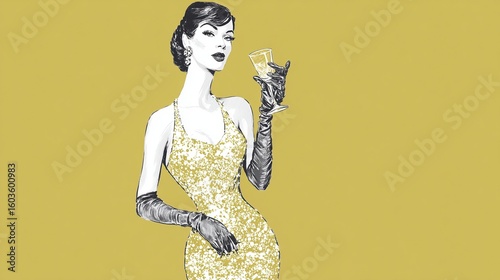 An elegant woman in a sequined dress and long gloves raises a glass of champagne in a stylish illustration