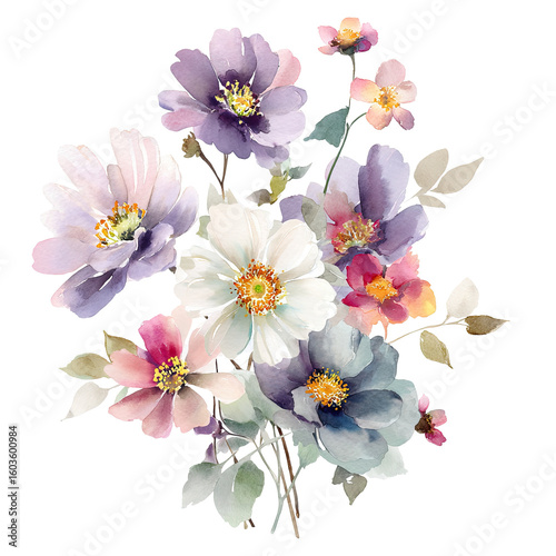 Watercolor bouquet of  mixed flowers in pastel shades