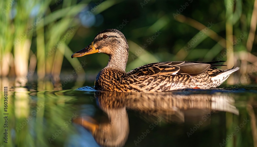 Fototapeta premium A mallard duck glides across a pond