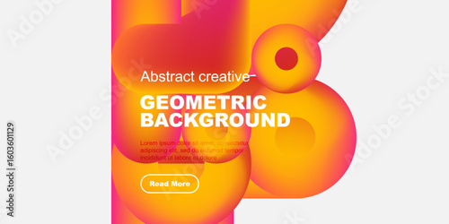 Abstract geometric shapes, vibrant colors, text overlay, button. Modern design for backgrounds, presentations, websites.