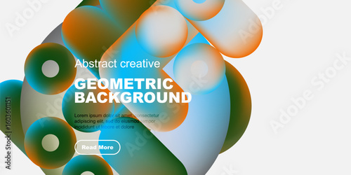 Abstract shapes, vibrant colors, geometric design. Modern composition with text overlay, button included. Clean, minimalist aesthetic.