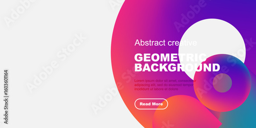 Abstract geometric background features vibrant purple, blue hues. Text invites viewers explore further with read more button.