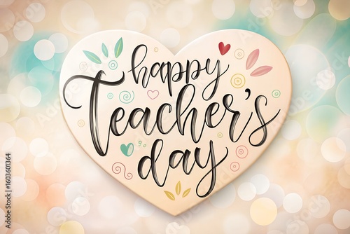 Happy Teachers Day Heart with Calligraphy and Bokeh Background Illustration