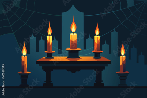Ghostly candle flame in an old wooden cabin vector illustration