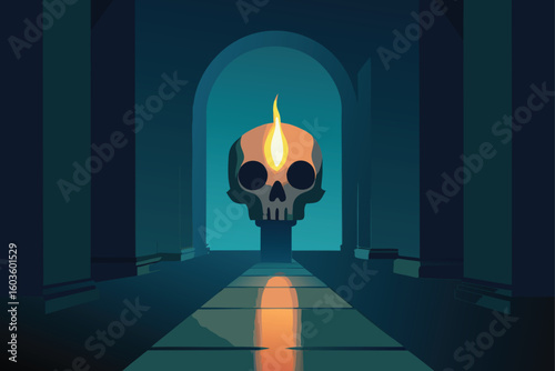 Old waxy candelabra glowing in a misty hallway vector illustration