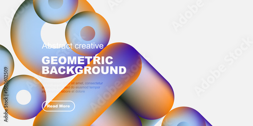 Abstract shapes overlap, creating vibrant color gradients. Modern design with text overlay, promoting further exploration.
