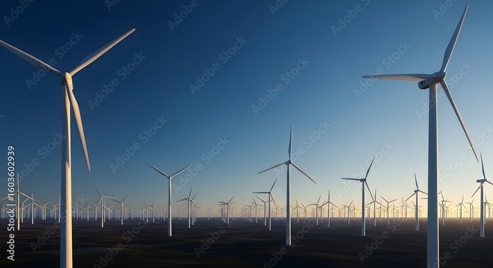 Obraz premium Wind turbines on a wind farm generating renewable energy at sunrise