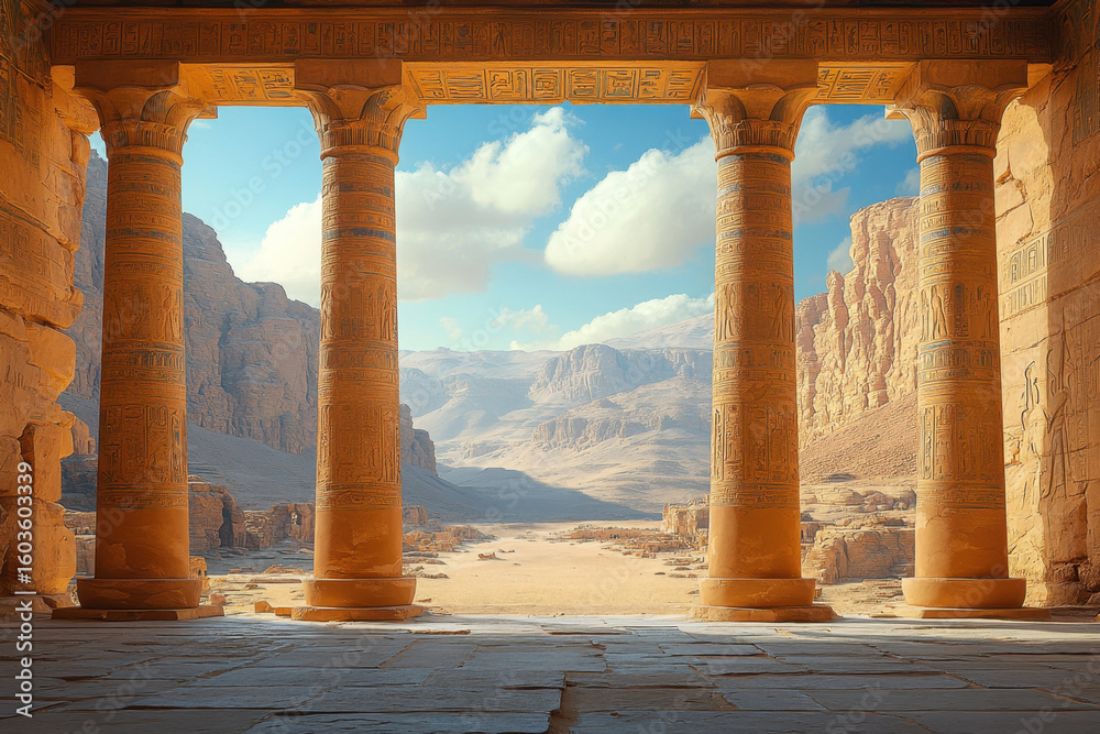 Fototapeta premium Valley of the Kings, Luxor: Sarcophagus in ancient tomb adorned with hieroglyphics, symbolizing royal burial rituals.