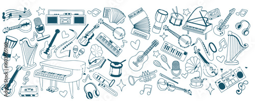 Doodles of music instrument. Freehand vector drawing isolated on white background. devices and symbols