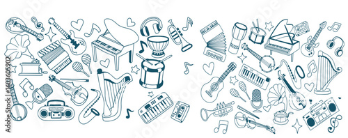 Doodles of music instrument. Freehand vector drawing isolated on white background. devices and symbols