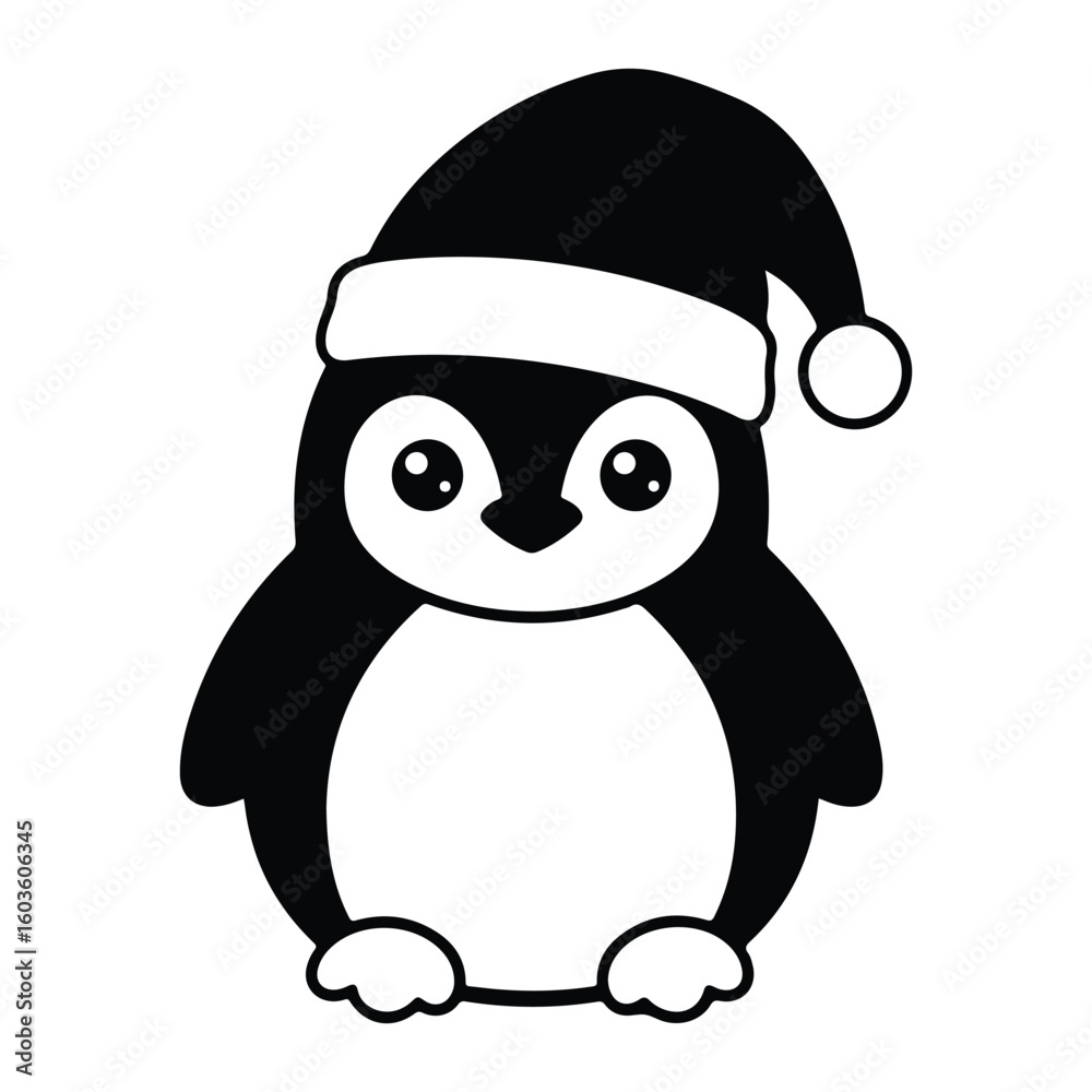 Obraz premium Cute Penguin with Christmas Hat - Black and White Holiday Illustration