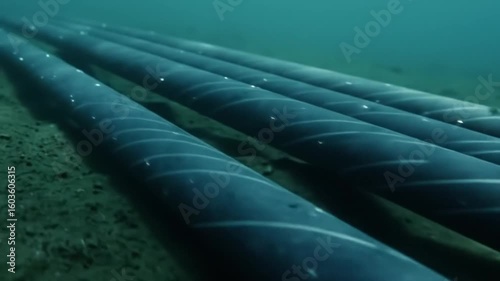 Underwater cables resting on the seabed with a slight current and dark blue water