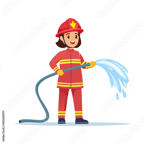 Cartoon firefighter dousing something and smiling