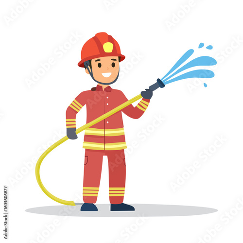 Cartoon firefighter dousing something and smiling