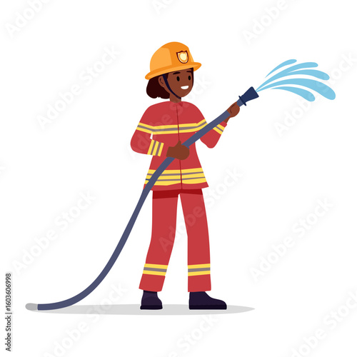 Cartoon firefighter dousing something and smiling